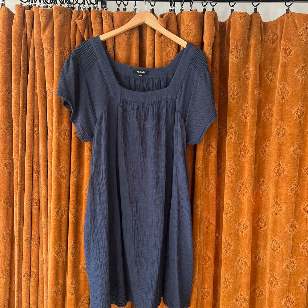 madewell lightspun butterfly square-neck mini dress | xl | dark baltic